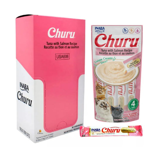Inaba Churu Atún con Salmón – Premios Cremosos para Gatos. Caja con 6 sobres de 4 tubos cada una..