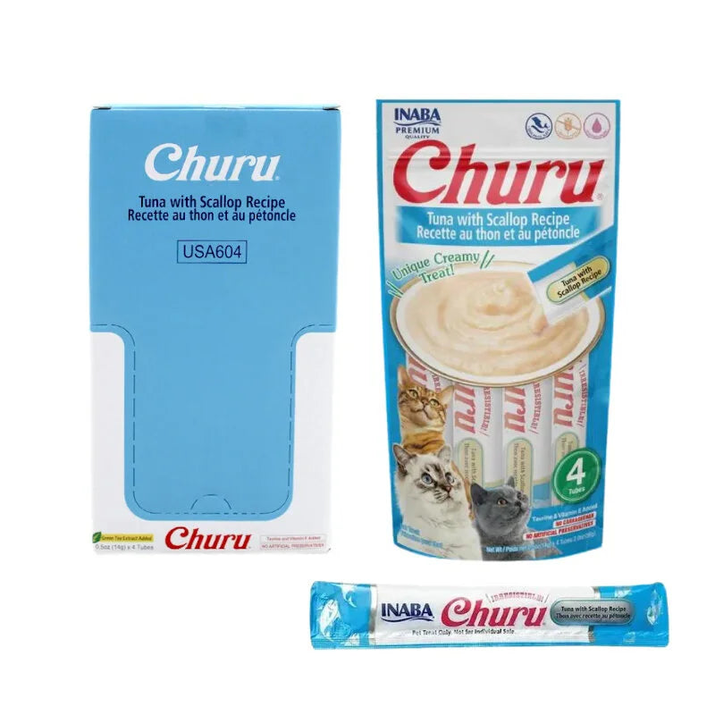 Inaba Churu Atún con Callo – Premios Cremosos para Gatos. Caja con 6 sobres de 4 tubos cada una.