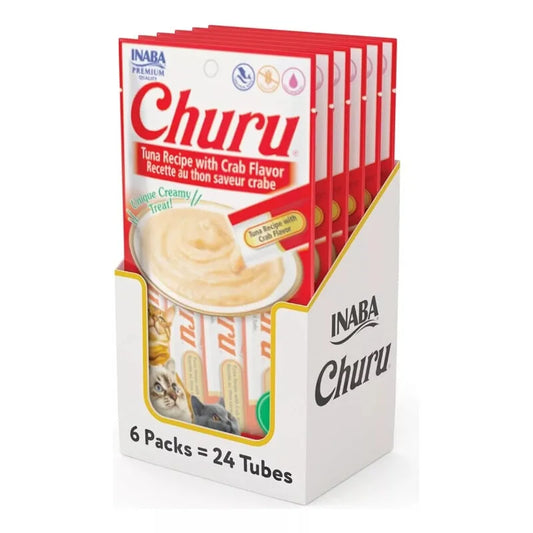 Inaba Churu Atún con Cangrejo – Premios Cremosos para Gatos. Caja con 6 sobres de 4 tubos cada una.