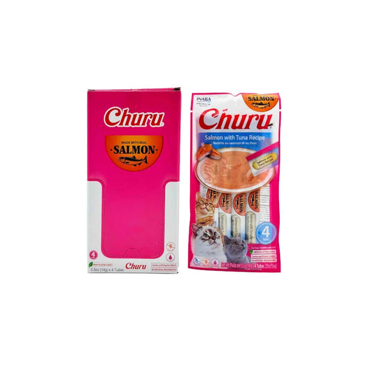 Inaba Churu Salmón y Atún base Salmón – Premios Cremosos para Gatos. 6 sobres con 4 tubos cada uno.