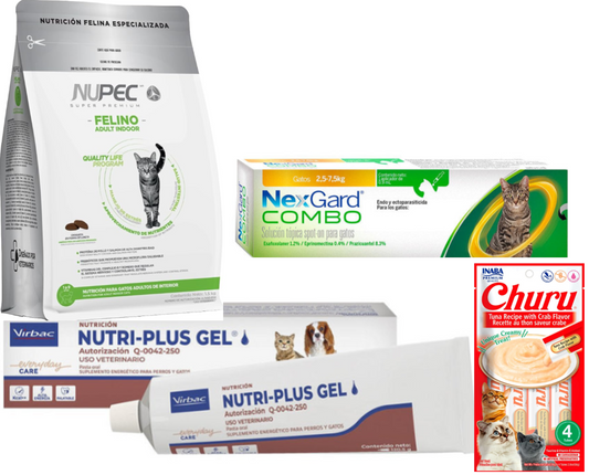 Kit de Adopción Gato Adulto (2.5–7.5 kg) – Nupec Felino Indoor + NexGard Combo + Nutri Plus + Churu Pops