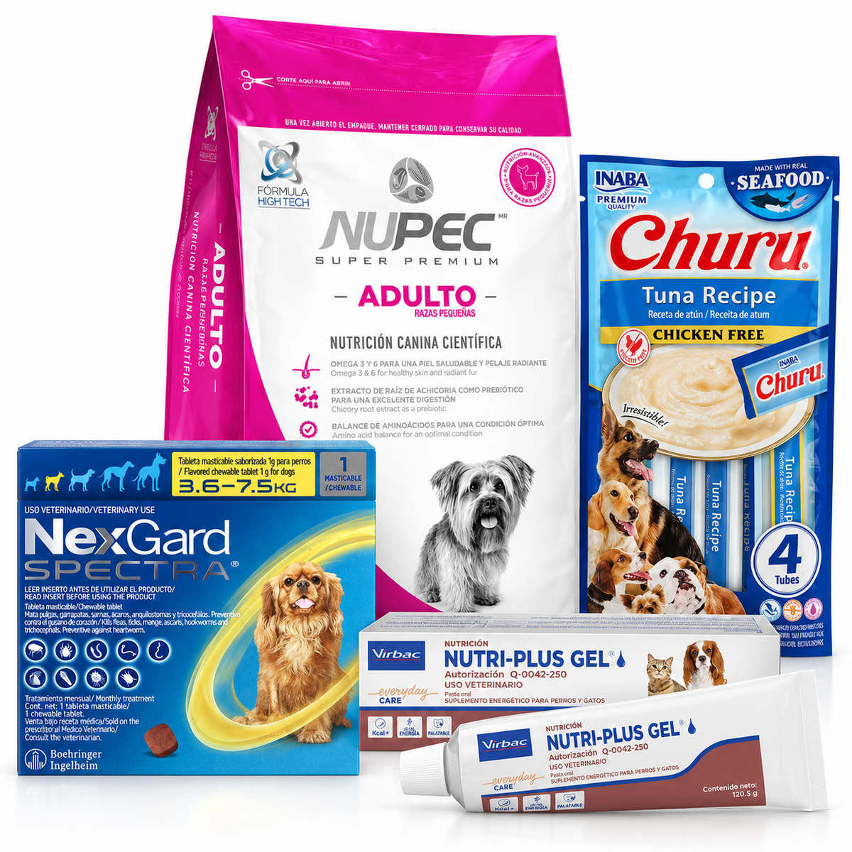 Kit de Adopción Perro Chico (3.6–7.5 kg) – Nupec Razas Pequeñas 8 kg + NexGard + Nutri Plus + Churu Dog