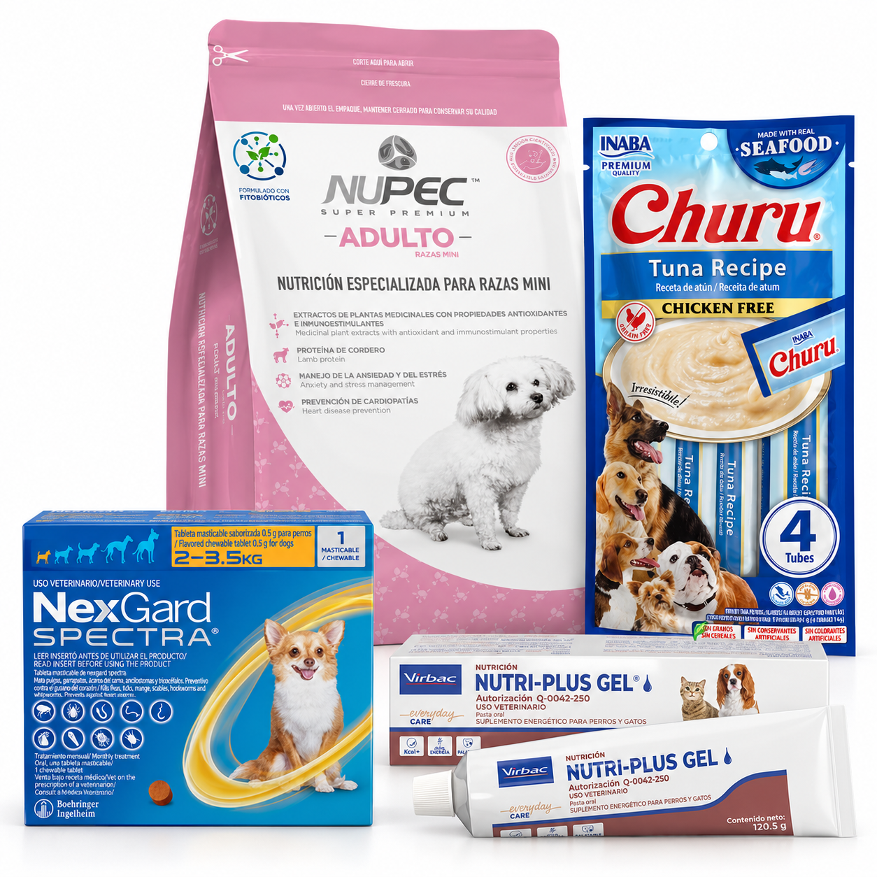 Kit de Adopción Perro Mini (2–7.5 kg) – Nupec Razas Mini 3 kg + NexGard + Nutri Plus + Churu Dog