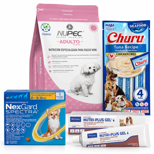 Kit de Adopción Perro Mini (2–7.5 kg) – Nupec Razas Mini 3 kg + NexGard + Nutri Plus + Churu Dog