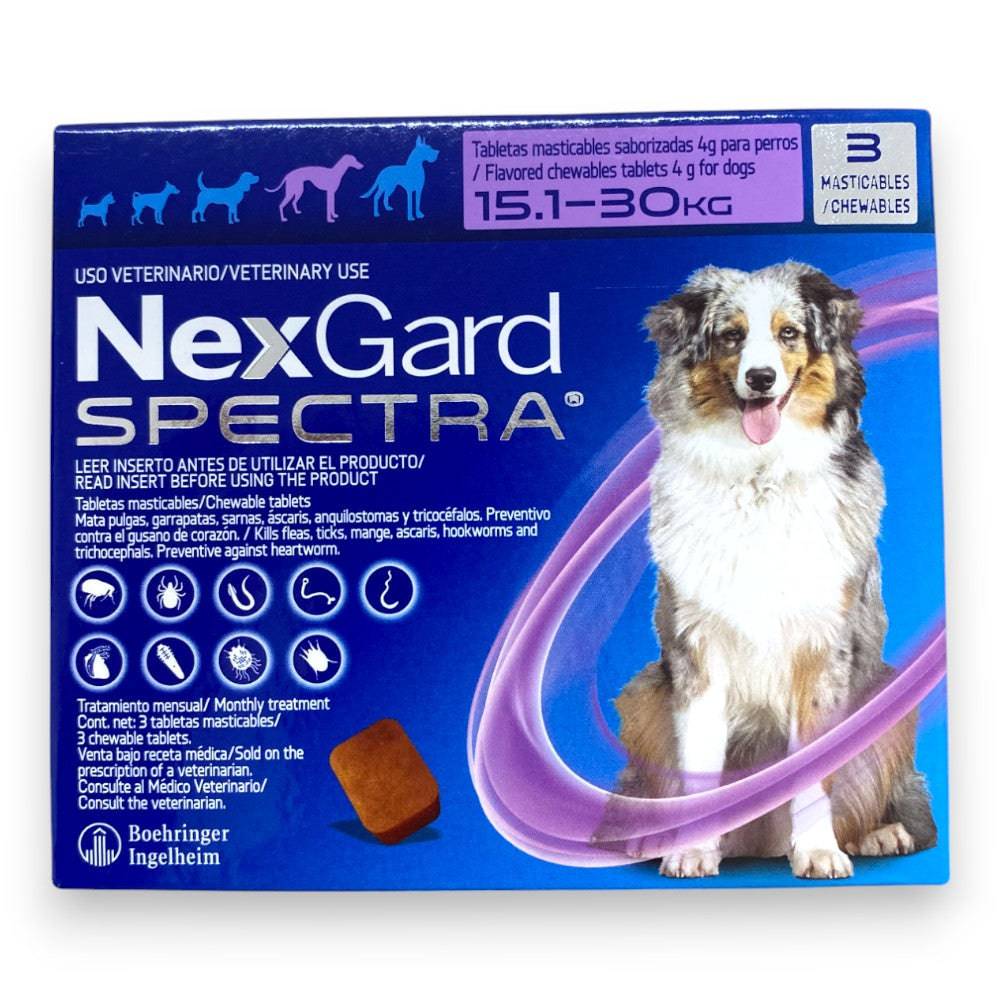 🐶 NexGard Spectra – Tableta Masticable Antipulgas, Garrapatas y Desparasitante para Perro. Varias presentaciones, 1 mes de protección.