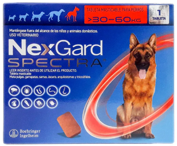 🐶 NexGard Spectra – Tableta Masticable Antipulgas, Garrapatas y Desparasitante para Perro. Varias presentaciones, 1 mes de protección.
