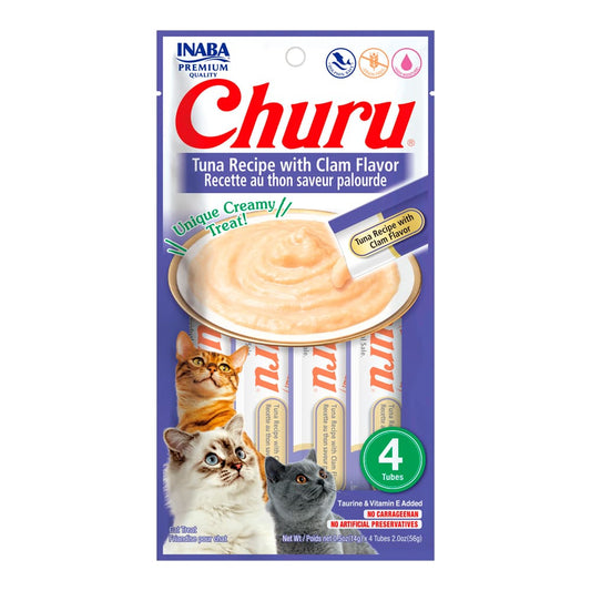 Inaba Churu Atún con Almeja – Premios Cremosos para Gatos. Caja con 6 sobres de 4 tubos cada una.