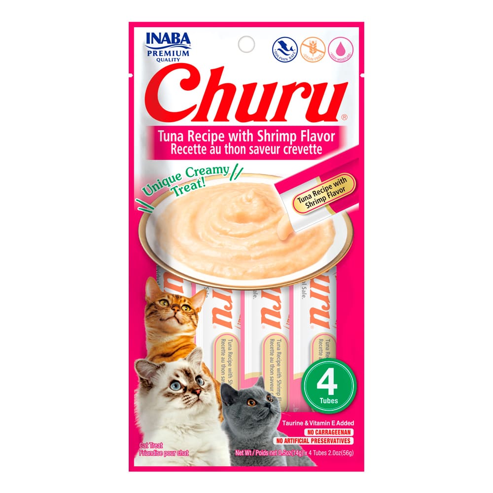 Inaba Churu Atún con Camaron – Premios Cremosos para Gatos. Caja con 6 sobres de 4 tubos cada una.