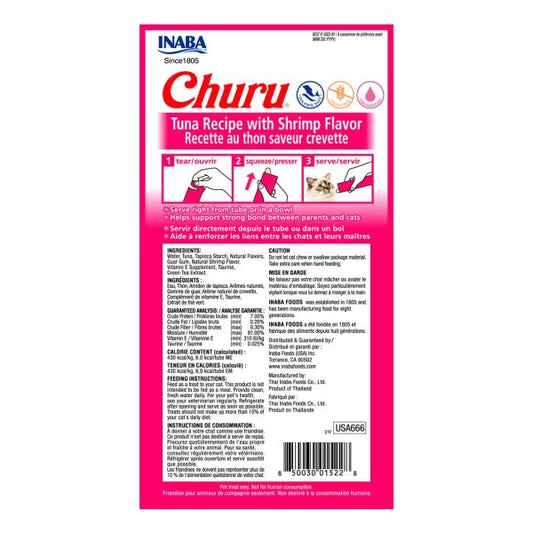 Inaba Churu Atún con Camaron – Premios Cremosos para Gatos. Caja con 6 sobres de 4 tubos cada una.