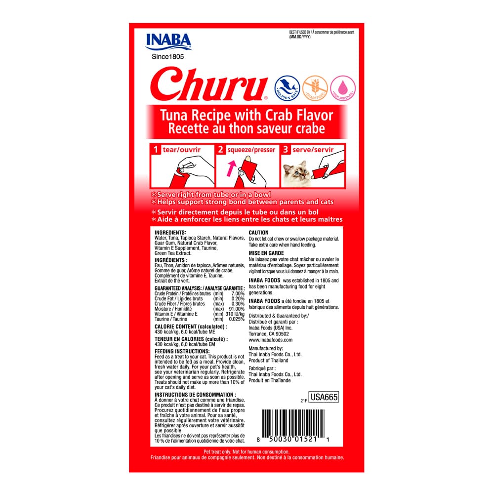 Inaba Churu Atún con Cangrejo – Premios Cremosos para Gatos. Caja con 6 sobres de 4 tubos cada una.
