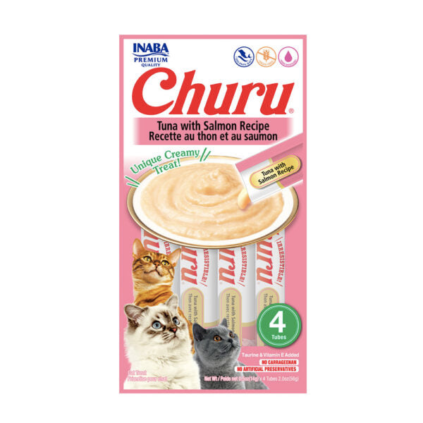 Inaba Churu Atún con Salmón – Premios Cremosos para Gatos. Caja con 6 sobres de 4 tubos cada una..