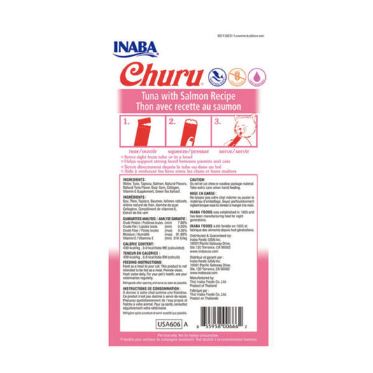 Inaba Churu Atún con Salmón – Premios Cremosos para Gatos. Caja con 6 sobres de 4 tubos cada una..